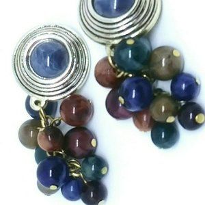 Earrings Clip  Bead Cluster Blue Stone Gold Silver